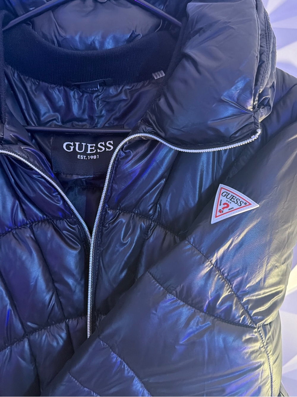GUESS Black Quilted Puffer Jacket with Logo Patch